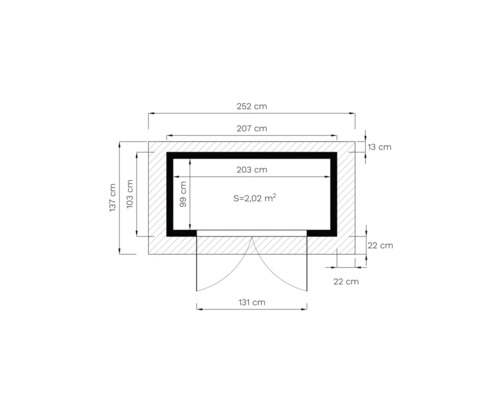 Technische tekening met de afmetingen van een tuinhuis