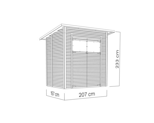 Afbeelding van een tuinhuis met de afmetingen 157 x 207 x 233 centimeter