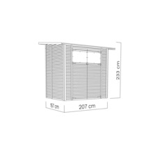 Illustratie van een tuinhuis met de afmetingen 233 cm hoog, 157 cm diep en 207 cm breed