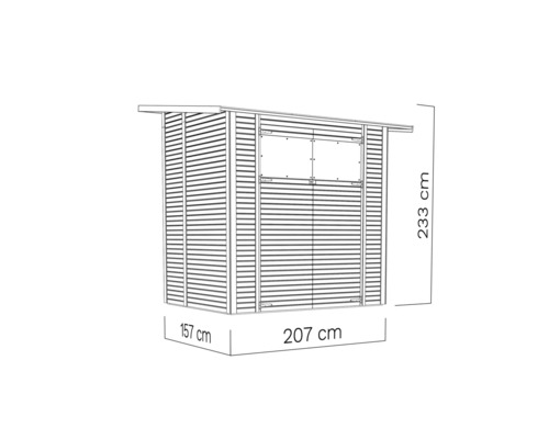 Illustratie van een tuinhuis met de afmetingen 233 cm hoog, 157 cm diep en 207 cm breed