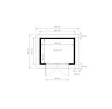 Plattegrond met maatvoering in centimeters en oppervlakte in vierkante meters