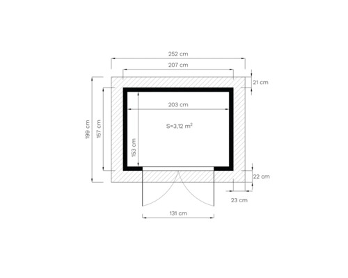 Plattegrond met maatvoering in centimeters en oppervlakte in vierkante meters