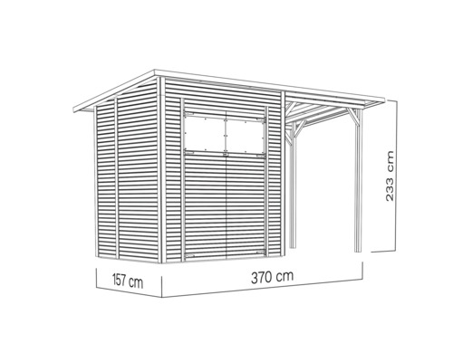 Schets van een tuinhuis met afdak en maatvoering