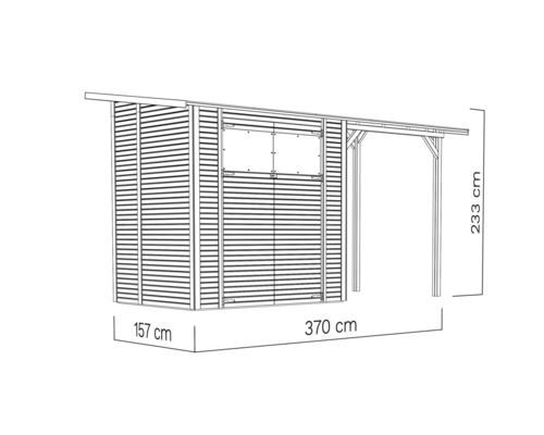 Illustratie van een gereedschapsschuur met de afmetingen 157 bij 370 bij 233 centimeter