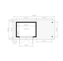 Plattegrondtekening met afmetingen voor een tuinhuis