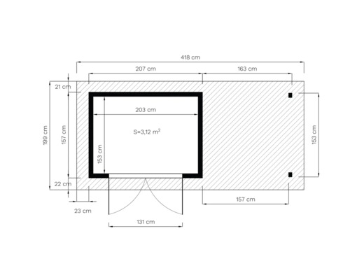 Plattegrondtekening met afmetingen voor een tuinhuis