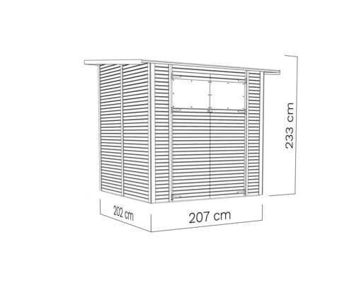 Illustratie van een tuinhuis met de afmetingen 233 cm hoogte, 207 cm breedte en 202 cm diepte.