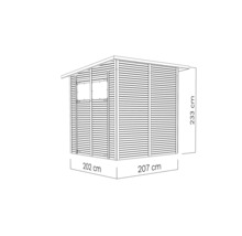 Afbeelding van een tuinhuis met de afmetingen 202 cm x 207 cm x 233 cm.