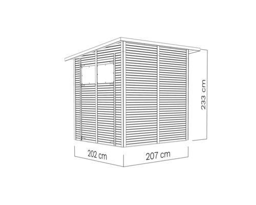 Afbeelding van een tuinhuis met de afmetingen 202 cm x 207 cm x 233 cm.