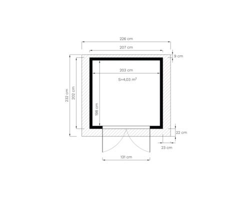 Plattegrond met afmetingen: 226 cm breed, 232 cm hoog, 4,03 vierkante meter oppervlakte