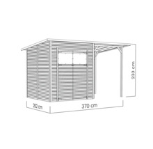 Illustratie van een tuinhuis met afdak en de afmetingen 202 bij 370 bij 233 centimeter.