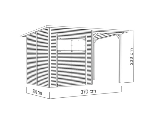 Illustratie van een tuinhuis met afdak en de afmetingen 202 bij 370 bij 233 centimeter.