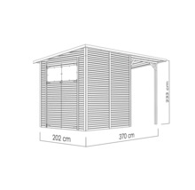 Illustratie van een tuinhuis met een breedte van 202 centimeter, een diepte van 370 centimeter en een hoogte van 233 centimeter.