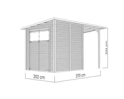 Illustratie van een tuinhuis met een breedte van 202 centimeter, een diepte van 370 centimeter en een hoogte van 233 centimeter.