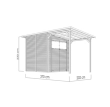 Afbeelding van een tuinhuis met de afmetingen 233 cm hoog, 370 cm lang en 202 cm breed.