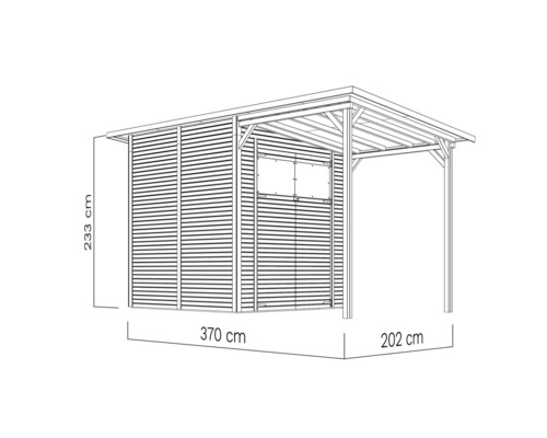 Afbeelding van een tuinhuis met de afmetingen 233 cm hoog, 370 cm lang en 202 cm breed.