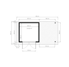 Plattegrond van een tuinhuis met afmetingen