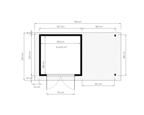 Plattegrond van een tuinhuis met afmetingen