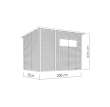 Afbeelding van een tuinhuis met afmetingen 306 x 202 x 233 cm.
