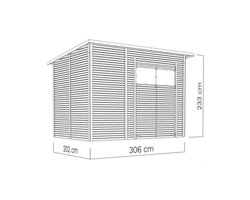 Afbeelding van een tuinhuis met afmetingen 306 x 202 x 233 cm.