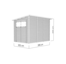 Illustratie van een tuinhuis met afmetingen van 202 cm breed, 306 cm lang en 233 cm hoog