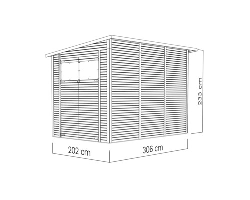 Illustratie van een tuinhuis met afmetingen van 202 cm breed, 306 cm lang en 233 cm hoog