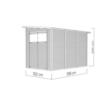 Illustratie van een tuinhuis met de afmetingen 202 centimeter maal 306 centimeter maal 233 centimeter.