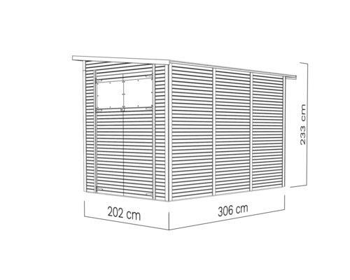 Illustratie van een tuinhuis met de afmetingen 202 centimeter maal 306 centimeter maal 233 centimeter.