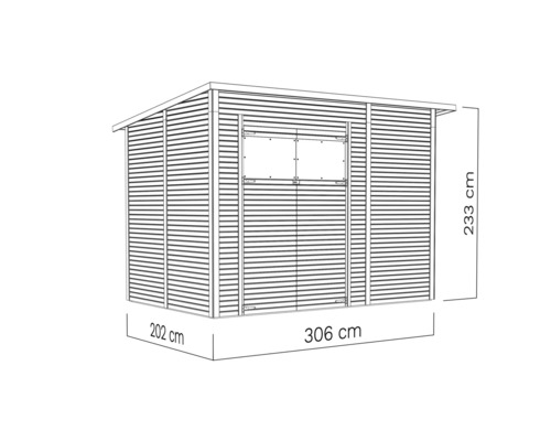 Illustratie van een tuinhuis met de afmetingen 202 cm x 306 cm x 233 cm.