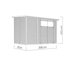 Illustratie van een tuinhuis met de afmetingen 306 cm lengte, 202 cm breedte en 233 cm hoogte
