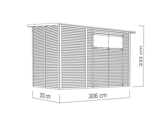 Illustratie van een tuinhuis met de afmetingen 306 cm lengte, 202 cm breedte en 233 cm hoogte