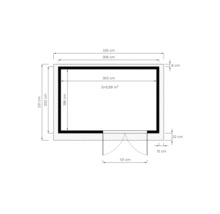 Plattegrondtekening van een tuinhuis met maatvoering