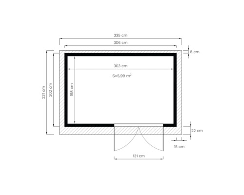 Plattegrondtekening van een tuinhuis met maatvoering