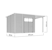 Afbeelding van een tuinhuis met aangebouwd dak en maatvoering.
