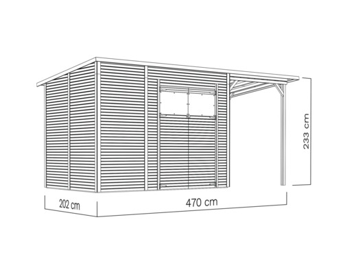 Afbeelding van een tuinhuis met aangebouwd dak en maatvoering.