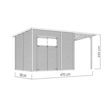 Afbeelding van een tuinhuis met afdak en afmetingen