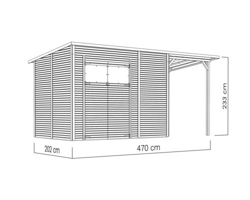 Afbeelding van een tuinhuis met afdak en afmetingen