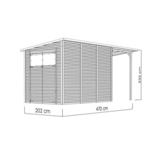 Illustratie van een tuinhuis met afmetingen 202 cm breed, 470 cm lang en 233 cm hoog.