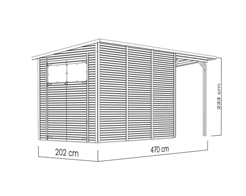Illustratie van een tuinhuis met afmetingen 202 cm breed, 470 cm lang en 233 cm hoog.