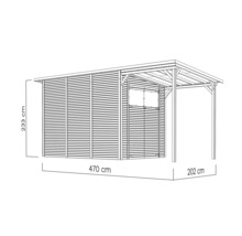 Illustratie van een tuinhuis met een hoogte van 233 cm, een breedte van 470 cm en een diepte van 202 cm.