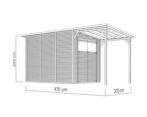 Illustratie van een tuinhuis met een hoogte van 233 cm, een breedte van 470 cm en een diepte van 202 cm.