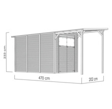 Illustratie van een tuinhuis met de afmetingen 233 x 470 x 202 cm