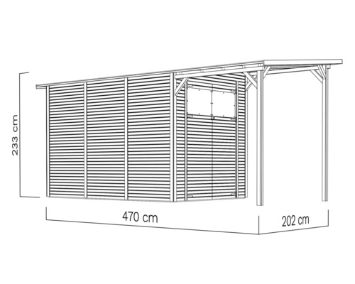 Illustratie van een tuinhuis met de afmetingen 233 x 470 x 202 cm