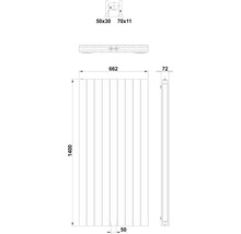 Technische tekening van een radiator met afmetingen.