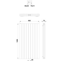 Technische tekening van een radiator met afmetingen.