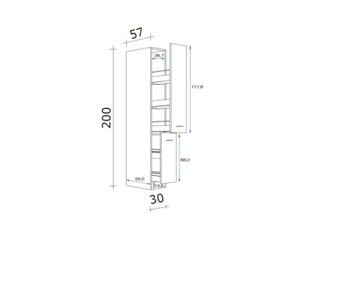 Technische tekening van een keukenkast met afmetingen