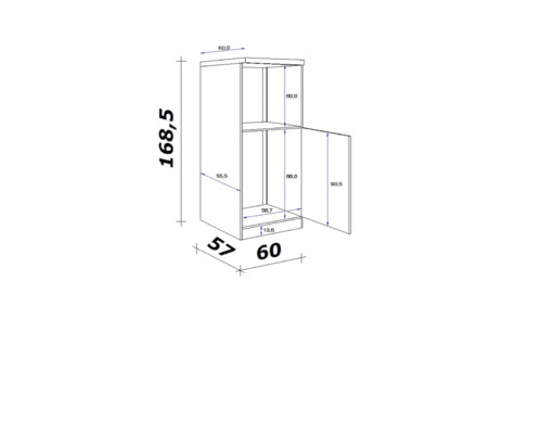 Technische tekening van een hangkast met afmetingen