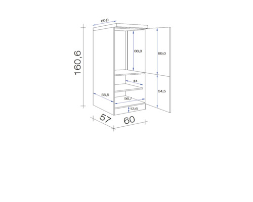 Technische tekening van een open kast met afmetingen