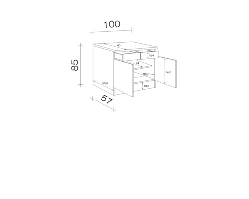 Technische tekening van een onderkast met laden en deuren inclusief maataanduidingen