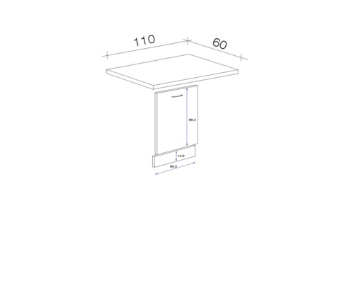 Technische tekening van een tafel met afmetingen van 110 x 60 x 68,2 cm